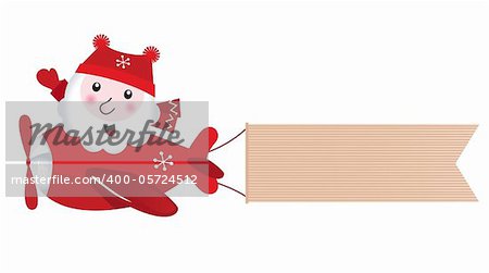 Cute retro Santa traveling in xmas airplane. Blank banner place for your text! Vector cartoon illustration.