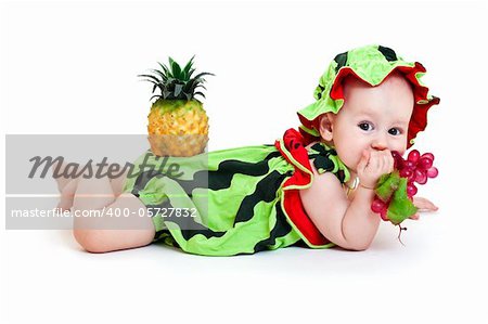 Portrait of cute little boy in watermelon costume. Isolated on white