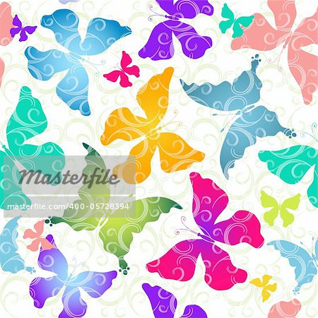 Seamless pattern of colorful butterflies against the background of scrollwork (vector EPS 10)