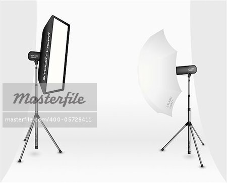 Photographic LIghting - Two Professional Studio Lights with Soft Box and Umbrella on Tripods on White Background