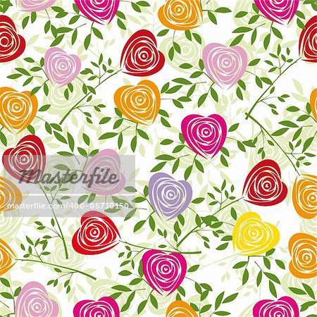 Multicoloured art vector heart, rose pattern. Seamless flower background pattern. Fabric texture. Floral vintage design. Pretty cute wallpaper. Romantic cartoon feminine filigree tile.