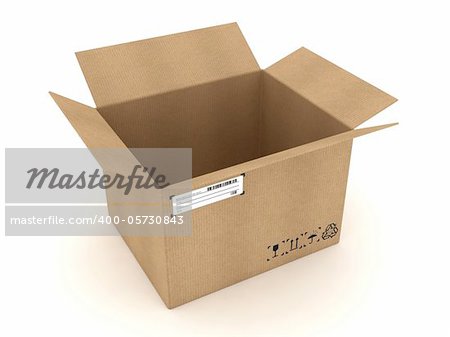 Opened cardboard box on white background