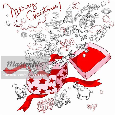 merry christmas gift box with a lot of funny toys for children, doodles on white