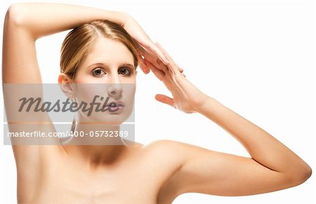 beautiful woman holding arms over her head on white background