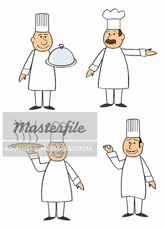Four different cartoon chefs in various poses and with different entrees.