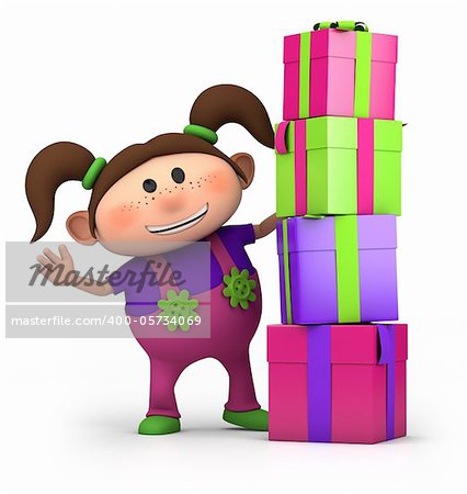 cute cartoon girl waving from behind pile of presents- high quality 3d illustration