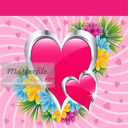 Pink love hearts and flowers symbolizing valentines day, mothers day or wedding anniversary. Copy space for text.