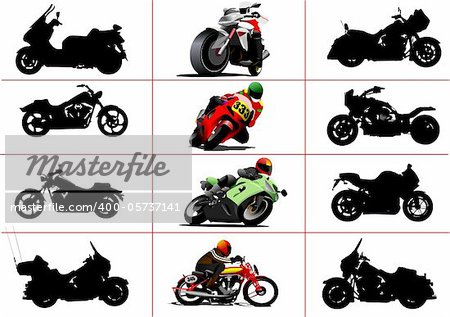 Big set of motorcycles. Black and white and color Vector illustrations