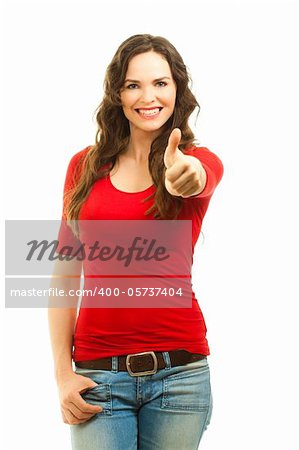 Beautiful young woman wearing a bright red top giving thumbs up