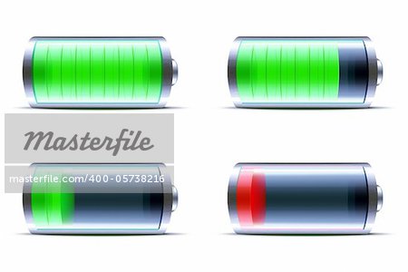 Vector illustration of four detailed glossy battery level indicator icons