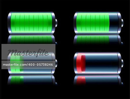 Vector illustration of four detailed glossy battery level indicator icons on black reflective background