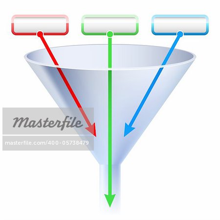 An image of a three stage funnel chart. Illustration on white background