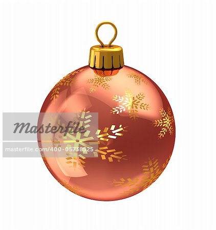 3d illustration of christmas ball,red color,with golden snowflakes ornament. isolated over white background