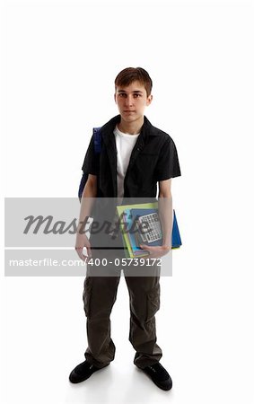 High school student carrying books and equipment.  White background.