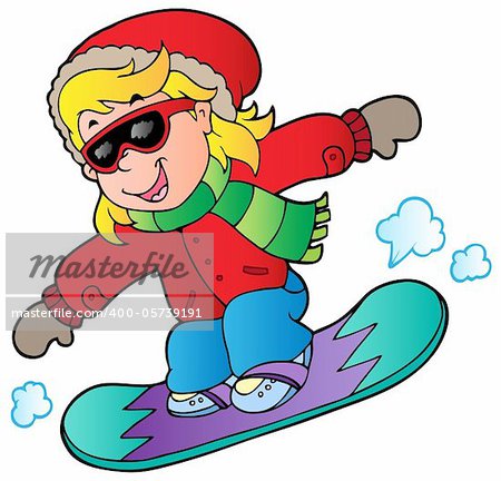 Cartoon girl on snowboard - vector illustration.