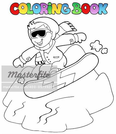 Coloring book boy on snowboard - vector illustration.