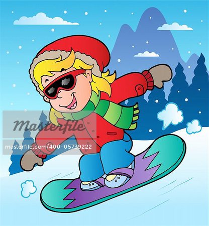 Winter scene with girl on snowboard - vector illustration.