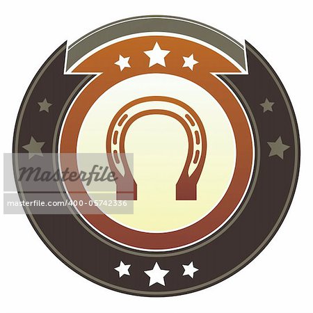 Horseshoe, luck, rodeo, or Western icon on round red and brown imperial vector button with star accents