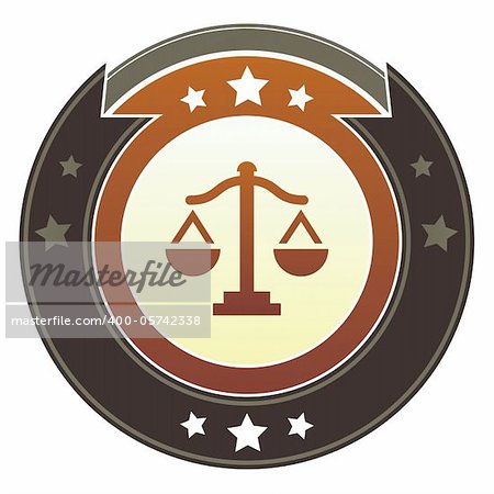 Scales, justice, balance, or equality icon on round red and brown imperial vector button with star accents