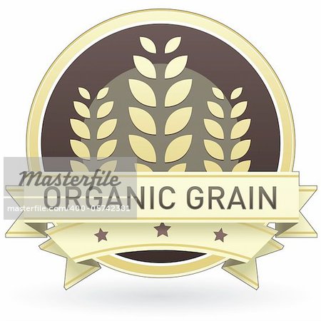 Organic grain food label, badge or seal with brown and tan color and wheat or grain emblem in vector style