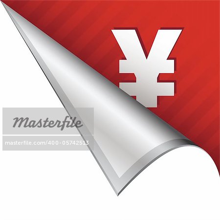 Japanese Yen currency icon on vector peeled corner tab suitable for use in print, on websites, or in advertising materials.