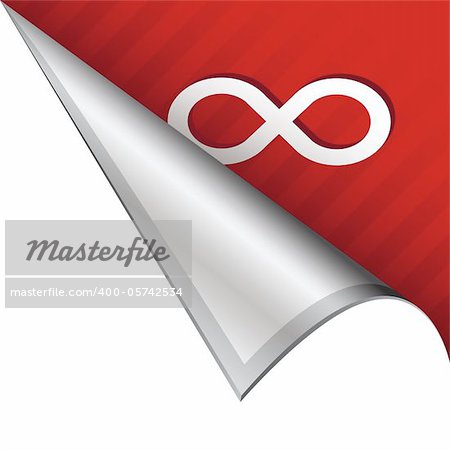 Infinity math symbol icon on vector peeled corner tab suitable for use in print, on websites, or in advertising materials.