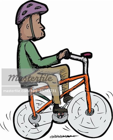 Isolated man with helmet rides a wobbly bike