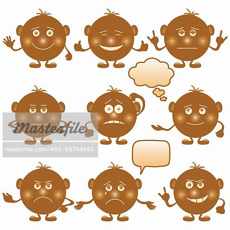 Set of round brown smilies symbolising various human emotions. Vector