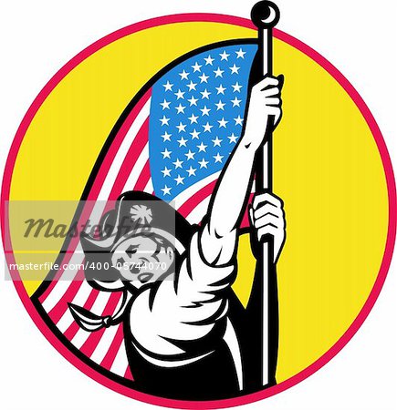 illustration of an American revolutionary soldier with stars and stripes flag looking to side set inside circle. done in retro style