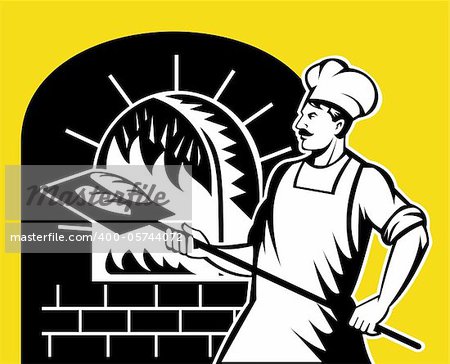 retro style illustration of a baker holding baking pan into wood oven