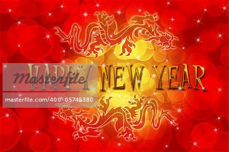 Double Chinese Archaic Dragons with Chinese New Year Greeting Text Illustration