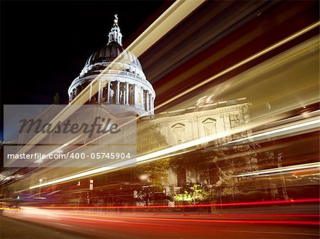 St Paul's cathedral with blurred bus trail at night