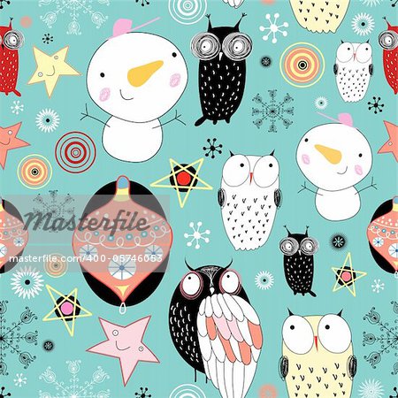 New seamless pattern with snowmen and owls on a blue background with snowflakes and toys