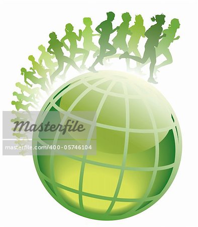 Crowd of young people running on a green world globe.