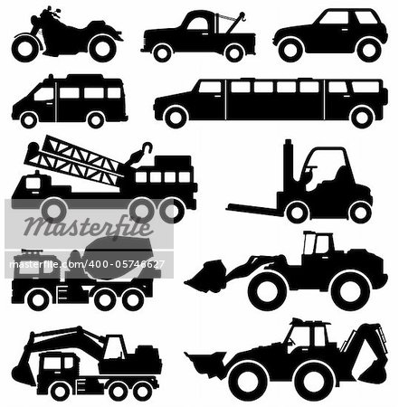 A set of transportation type and construction vehicles.