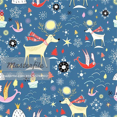 New seamless pattern with deer and birds on a blue background with snowflakes