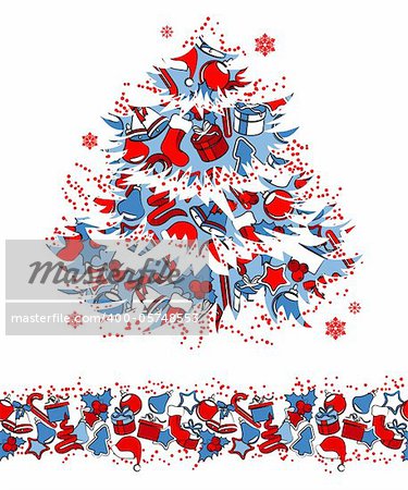 Christmas tree made of traditional symbols and seamless border