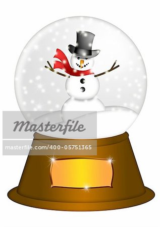 Christmas Water Snow Globe Snowman and Blank Title Plaque Illustration Isolated on White Background