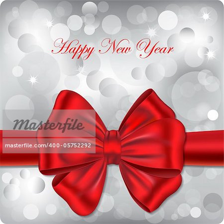 Happy New Year backgound with red ribbon. Gift card. Vector illustration