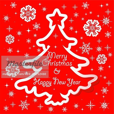 Christmas sticker with tree and snowflake, vector illustration