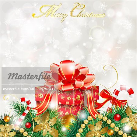 Christmas Background with snowflakes, fir branches, mistletoe, gift, element for design, vector illustration