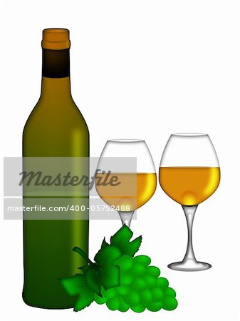 Bottle of White Wine with Two Wine Glasses and Bunch of Grapes Isolated on White Background Illustration