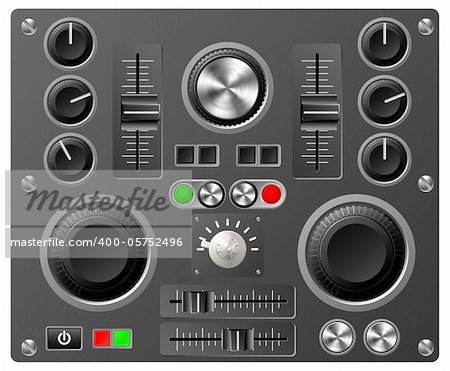 Mixing desk production sound or video desk console sliders, buttons, knobs and switches