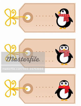 Retro christmas tags with Penguins. Vector cartoon Illustration