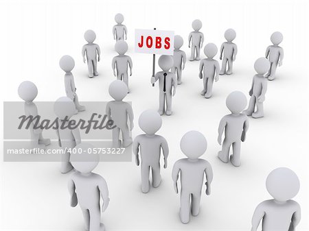 Many 3d people walking towards one holding a job sign