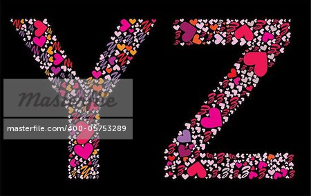 Letter Y, Z. Valentine alphabet set with heart. Vector font.