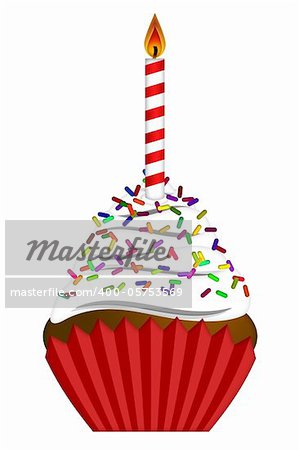 Cupcake with Colorful Chocolate Chip Sprinkles  and Candle Isolated on White Background