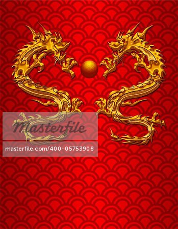 Pair of Chinese New Year Metallic Dragons on Scales Pattern Red Background