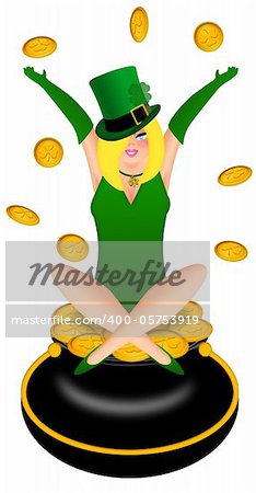 Sexy Blonde Hair Irish Woman with Leprechaun Costumes Sitting on Pot of Gold Illustration Isolated on White