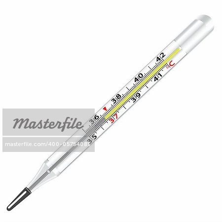 Medical glass mercury thermometer on white background.